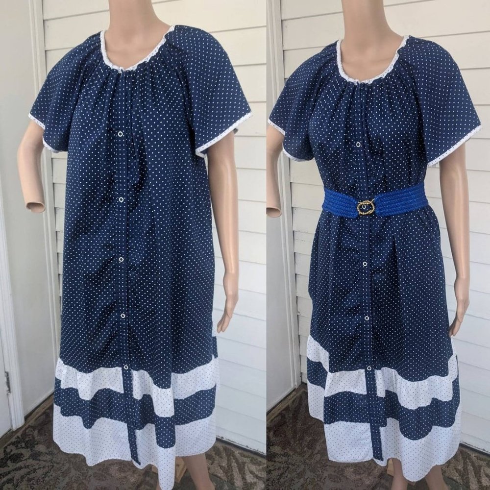 60s Polka Dot House Dress Blue White Print Cotton
